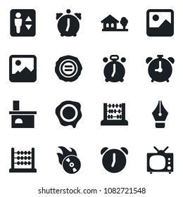 Set of vector isolated black icon - elevator vector, alarm clock, abacus, stamp, fireplace, flame disk, gallery, ink pen, house with tree, tv