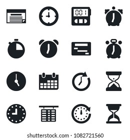 Set of vector isolated black icon - alarm clock vector, flight table, calendar, stopwatch, schedule, sand