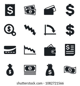 Set of vector isolated black icon - dollar sign vector, money bag, crisis graph, cash, receipt, credit card, wallet, search