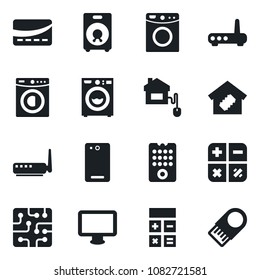 Set of vector isolated black icon - calculator vector, monitor, speaker, phone back, washer, smart home, credit card, control, chip, remote, router, usb flash