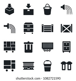 Set of vector isolated black icon - trash bin vector, bucket, watering, railroad, truck trailer, container, consolidated cargo, package, archive box, water filter