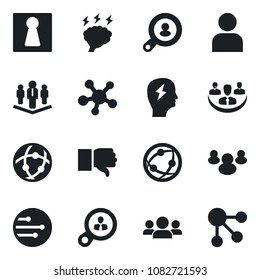 Set of vector isolated black icon - female vector, brainstorm, network, share, group, finger down, user, company, client search, consumer, social media