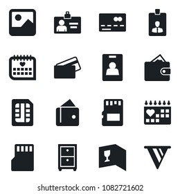 Set of vector isolated black icon - credit card vector, identity, medical calendar, gallery, sd, sim, archive box, wine, wallet, pennon