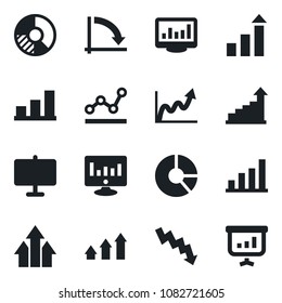 Set of vector isolated black icon - growth statistic vector, crisis graph, monitor, circle chart, statistics, presentation board, bar, point, arrow up