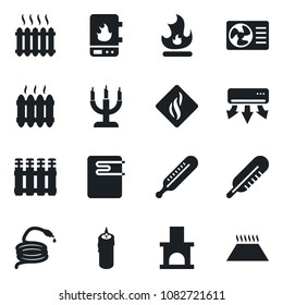 Set of vector isolated black icon - fire vector, hose, fireplace, thermometer, heater, candle, water, air conditioner, smoke detector, radiator, warm floor