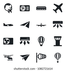 Set of vector isolated black icon - airport tower vector, wind, plane, helicopter, globe, air conditioner, paper, balloon