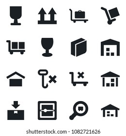 Set of vector isolated black icon - baggage trolley vector, fragile, cargo, warehouse storage, up side sign, no, hook, package, search, scanner, blank box