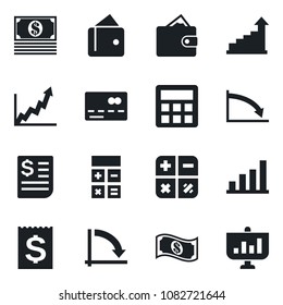 Set of vector isolated black icon - credit card vector, growth statistic, calculator, crisis graph, receipt, bar, wallet, cash, presentation