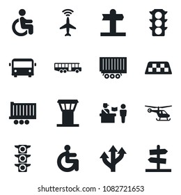 Set of vector isolated black icon - airport tower vector, plane radar, taxi, bus, passport control, helicopter, disabled, route, signpost, traffic light, truck trailer, guidepost