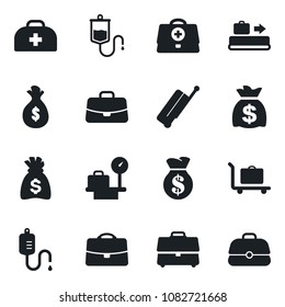 Set of vector isolated black icon - suitcase vector, baggage conveyor, trolley, luggage scales, case, money bag, doctor, dropper