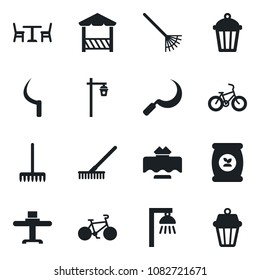 Set of vector isolated black icon - cafe vector, rake, sickle, garden light, fertilizer, bike, restaurant table, alcove, outdoor lamp
