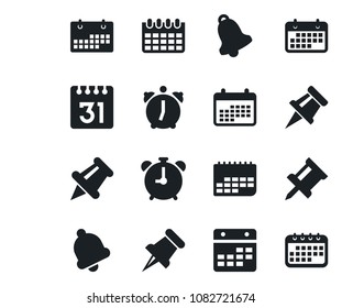 Set of vector isolated black icon - alarm clock vector, calendar, term, paper pin, bell, drawing