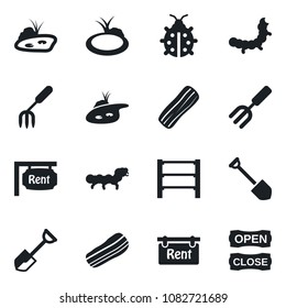 Set of vector isolated black icon - job vector, garden fork, shovel, lady bug, caterpillar, pond, rack, rent, bacon, open close