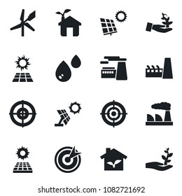 Set of vector isolated black icon - factory vector, target, sun panel, eco house, water, windmill, palm sproute