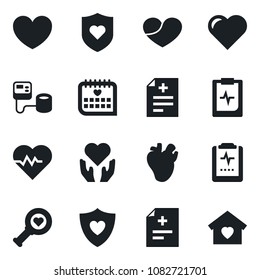 Set of vector isolated black icon - heart vector, pulse, diagnosis, blood pressure, diagnostic, shield, hand, real, medical calendar, clipboard, sweet home