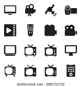 Set of vector isolated black icon - tv vector, satellite, video camera, remote control, monitor
