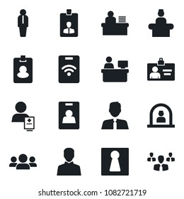 Set of vector isolated black icon - female vector, reception, manager, identity card, place, patient, user, desk, estate agent, pass, group