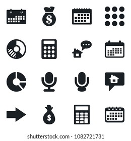 Set of vector isolated black icon - right arrow vector, circle chart, microphone, menu, calendar, calculator, home message, money bag