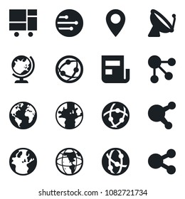 Set of vector isolated black icon - satellite antenna vector, globe, earth, pin, consolidated cargo, network, share, news, social media