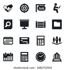 Set of vector isolated black icon - document search vector, calendar, container, folder, clock, presentation board, calculator, target, company, sold signboard, handshake, schedule, office building