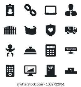 Set of vector isolated black icon - baby vector, notebook pc, heart shield, client, chain, monitor statistics, fence, moving, reserved, reception, vip zone, chicken, remote control, combination lock