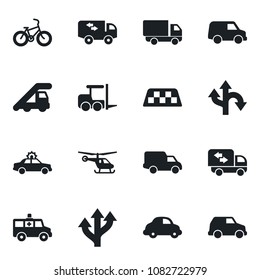 Set of vector isolated black icon - taxi vector, alarm car, fork loader, ladder, helicopter, ambulance, bike, route, delivery, moving