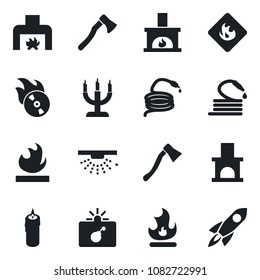 Set of vector isolated black icon - bomb in case vector, fire, hose, axe, fireplace, flammable, flame disk, candle, sprinkler, rocket