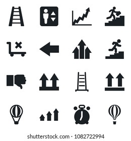 Set of vector isolated black icon - elevator vector, alarm clock, left arrow, ladder, up side sign, no trolley, finger down, career, graph, growth, air balloon