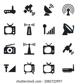 Set of vector isolated black icon - antenna vector, satellite, tv, radio, cellular signal, router