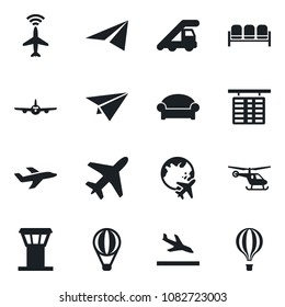 Set of vector isolated black icon - plane vector, airport tower, radar, arrival, waiting area, ladder car, helicopter, flight table, globe, paper, air balloon