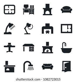 Set of vector isolated black icon - waiting area vector, desk, fireplace, lamp, plan, bathroom, cushioned furniture, restaurant table, door