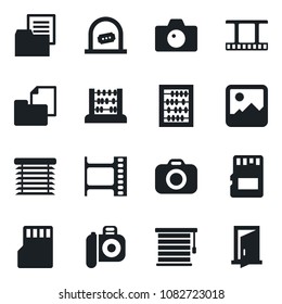Set of vector isolated black icon - ticket office vector, camera, abacus, folder document, film frame, gallery, sd, jalousie, door