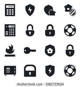 Set of vector isolated black icon - safe vector, lock, flammable, protect, key, estate insurance, home, combination, crisis management