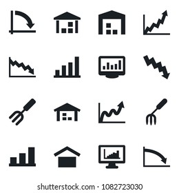 Set of vector isolated black icon - crisis graph vector, garden fork, warehouse storage, monitor statistics, bar, growth