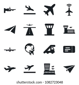 Set of vector isolated black icon - plane vector, airport tower, runway, radar, departure, arrival, ticket, ladder car, boarding, globe, building, paper