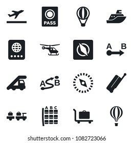 Set of vector isolated black icon - suitcase vector, departure, baggage trolley, passport, lorry, ladder car, helicopter, seat map, sea shipping, route, compass, air balloon