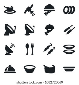 Set of vector isolated black icon - satellite antenna vector, spoon and fork, dish, plates, waiter, chicken, kebab, bowl