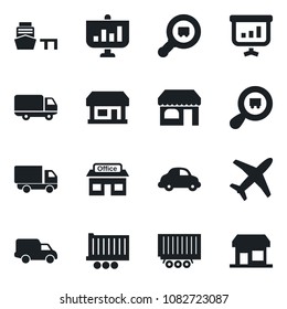 Set of vector isolated black icon - shop vector, store, plane, truck trailer, car delivery, sea port, search cargo, presentation, storefront
