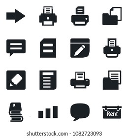 Set of vector isolated black icon - right arrow vector, document, printer, folder, sorting, message, notes, book, rent