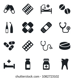 Set of vector isolated black icon - stethoscope vector, pills, bottle, blister, ampoule, patch, hospital bed, caries