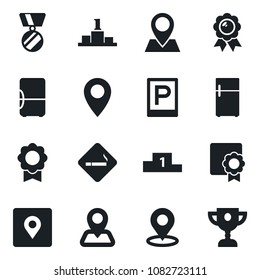 Set of vector isolated black icon - parking vector, smoking place, medal, navigation, pin, tag, sertificate, fridge, pedestal, award cup