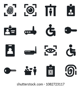 Set of vector isolated black icon - passport control vector, security gate, identity card, disabled, key, fingerprint, router, eye scan