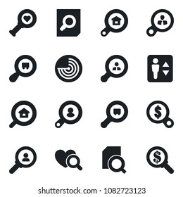 Set of vector isolated black icon - elevator vector, radar, document search, heart diagnostic, cargo, estate, client, consumer, money