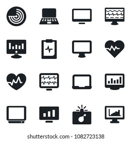 Set of vector isolated black icon - bomb in case vector, radar, notebook pc, statistic monitor, heart pulse, clipboard, tv, statistics