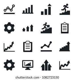 Set of vector isolated black icon - growth statistic vector, settings, clipboard, monitor statistics, bar graph, point, career ladder, arrow up