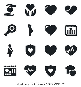 Set of vector isolated black icon - heart vector, pulse, diagnostic, shield, hand, medical calendar, pregnancy, sweet home