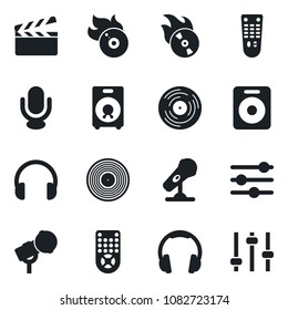 Set of vector isolated black icon - clapboard vector, vinyl, flame disk, microphone, remote control, headphones, speaker, tuning