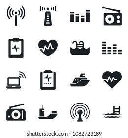 Set of vector isolated black icon - antenna vector, wireless notebook, heart pulse, clipboard, sea shipping, radio, equalizer, pool