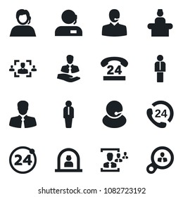 Set of vector isolated black icon - 24 around vector, reception, manager, hours, support, client, hr, consumer search