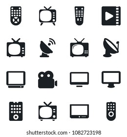 Set of vector isolated black icon - tv vector, satellite antenna, remote control, monitor, video